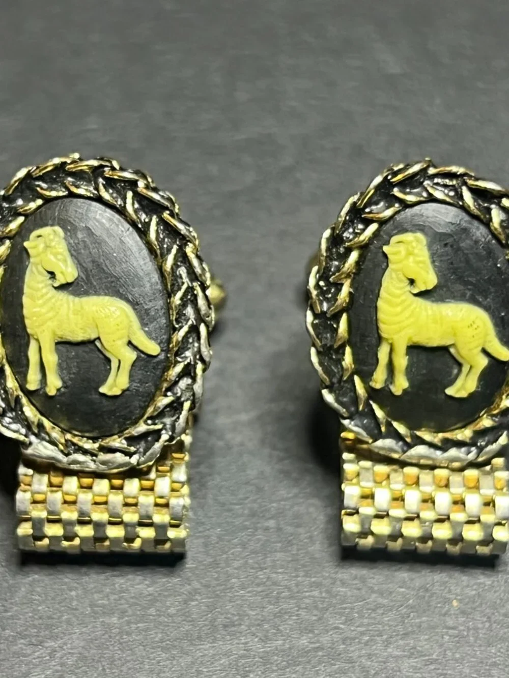 Vintage Gold Tone & Black Cameo Ram Goat Aries Zodiac Mesh Wrap Cufflinks